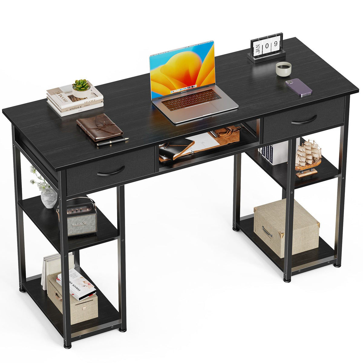 48IN Computer Desk Small Home Office Bedroom Writing Study PC Table with Storage Space Fabric Side Bag Headphone Hook Metal Frame Adjustable