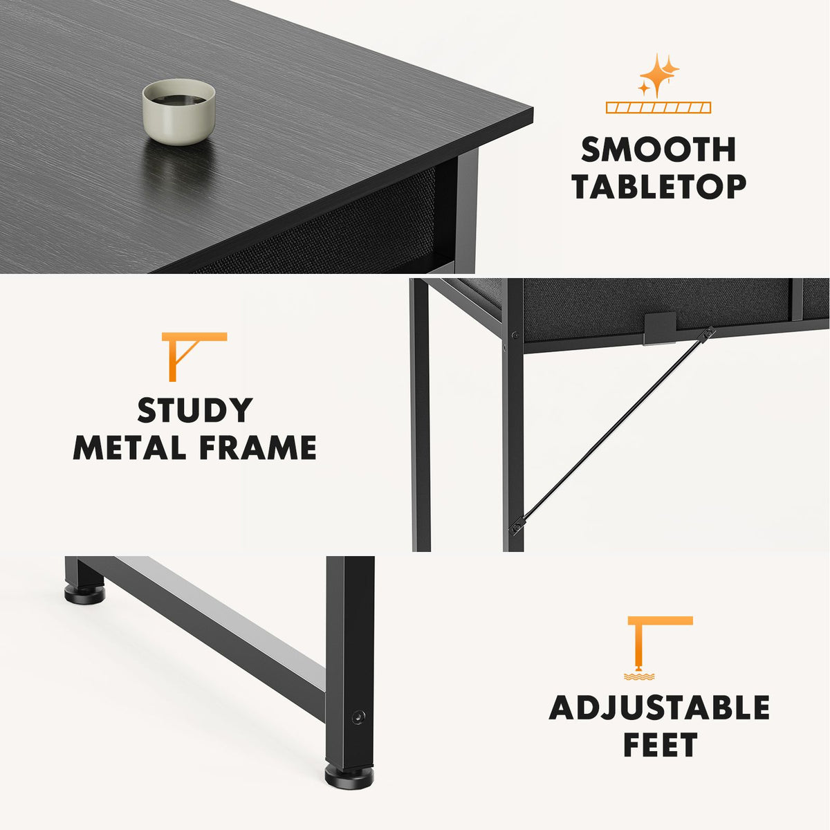 Computer Desk Small Home Office Bedroom Writing Study PC Table with Storage Space Fabric Side Bag Headphone Hook Metal Frame Adjustable