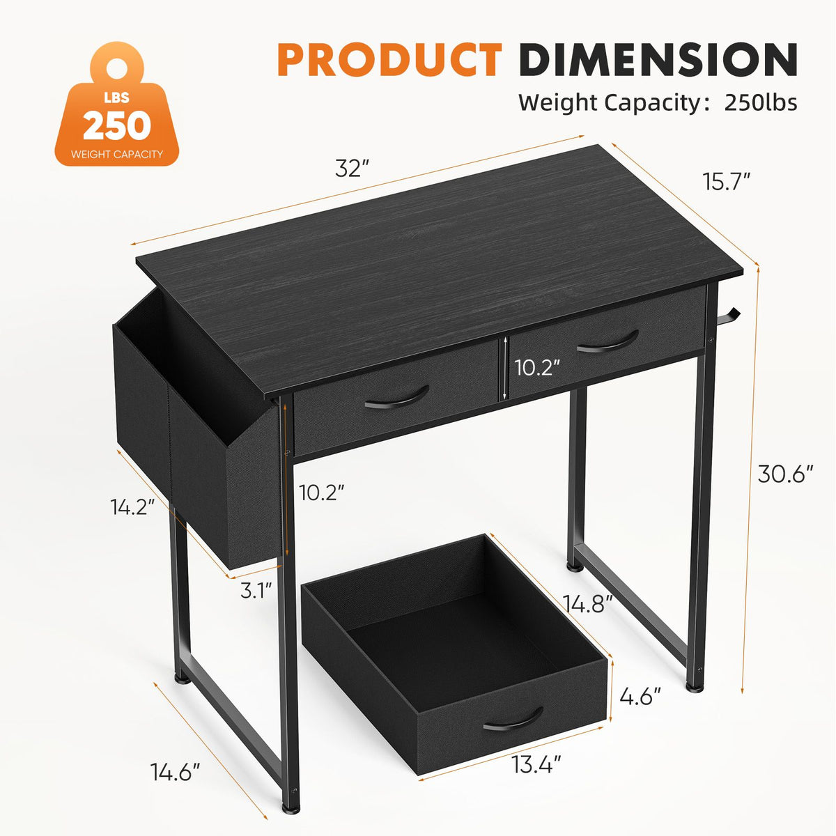 Computer Desk Small Home Office Bedroom Writing Study PC Table with Storage Space Fabric Side Bag Headphone Hook Metal Frame Adjustable