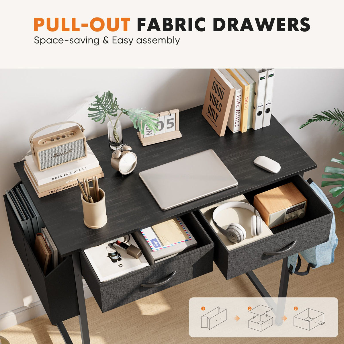 Computer Desk Small Home Office Bedroom Writing Study PC Table with Storage Space Fabric Side Bag Headphone Hook Metal Frame Adjustable