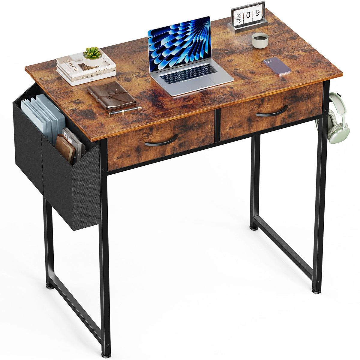 Computer Desk Small Home Office Bedroom Writing Study PC Table with Storage Space Fabric Side Bag Headphone Hook Metal Frame Adjustable
