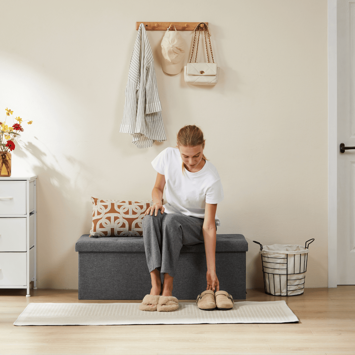 Storage Ottoman with Thicker Foam Padded Seat, Folding Foot Rest for Living Room End of Bed Bench