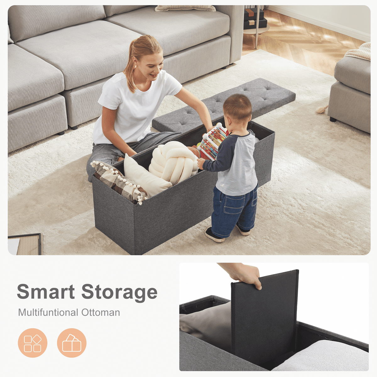 Storage Ottoman with Thicker Foam Padded Seat, Folding Foot Rest for Living Room End of Bed Bench