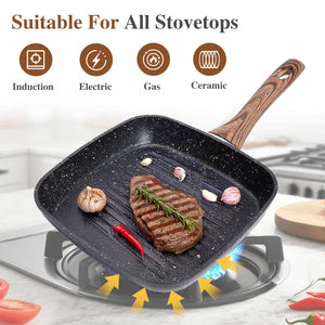 Nonstick Frying Pan Skillet Set, 3 Piece Square Grill Pans with Stay Cool Handle & PFOA Free, Compatible with All Stovetops(9.5" 10" 11")
