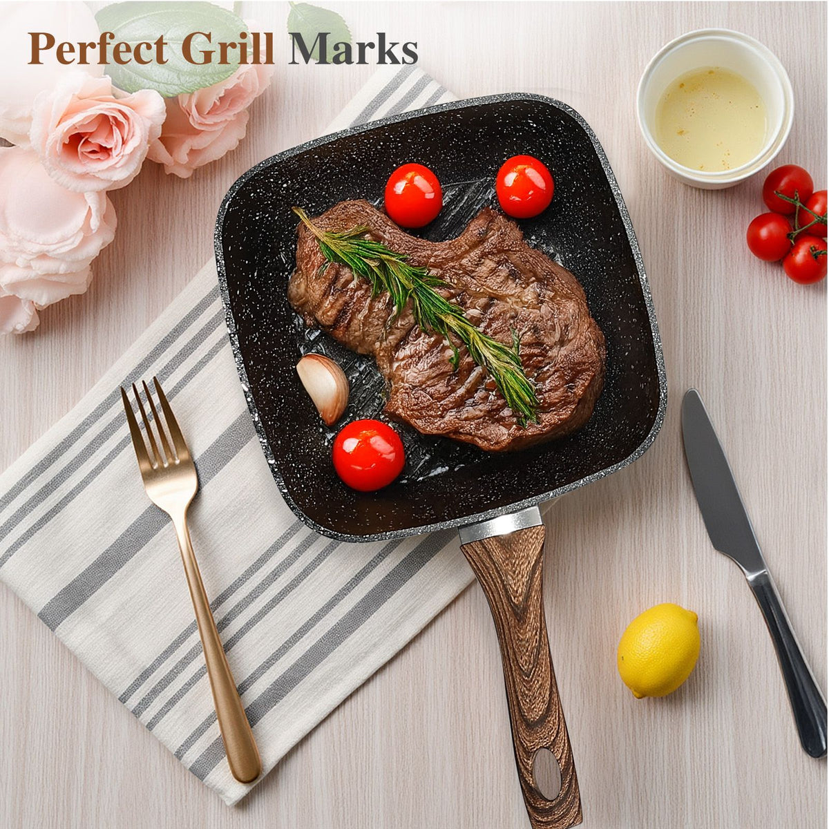 Nonstick Frying Pan Skillet Set, 3 Piece Square Grill Pans with Stay Cool Handle & PFOA Free, Compatible with All Stovetops(9.5" 10" 11")