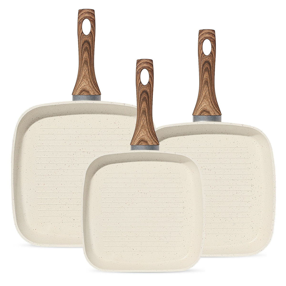Nonstick Frying Pan Skillet Set, 3 Piece Square Grill Pans with Stay Cool Handle & PFOA Free, Compatible with All Stovetops(9.5" 10" 11")