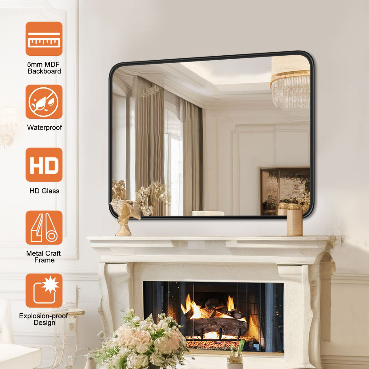 Large Rectangle Vanity Framed Mirror for Wall Matte Metal Framed 30x40 Inch Modern Mirror Tempered Glass For Living Room
