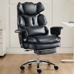 Executive Home Office Desk Chair Ergonomic High Back with Footrest & Lumbar Support, Reclining Height Adjustable PU Leather with Swivel Wheels
