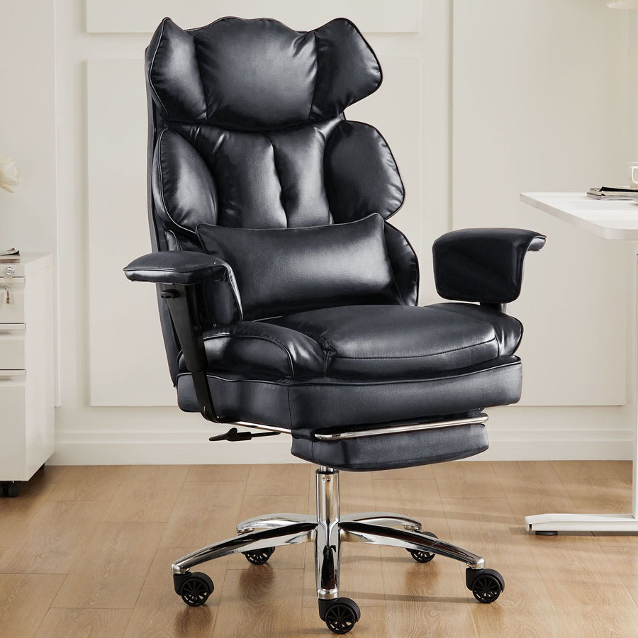 Executive Home Office Desk Chair Ergonomic High Back with Footrest & Lumbar Support, Reclining Height Adjustable PU Leather with Swivel Wheels