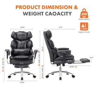 Executive Home Office Desk Chair Ergonomic High Back with Footrest & Lumbar Support, Reclining Height Adjustable PU Leather with Swivel Wheels