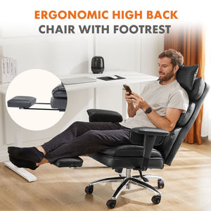 Executive Home Office Desk Chair Ergonomic High Back with Footrest & Lumbar Support, Reclining Height Adjustable PU Leather with Swivel Wheels