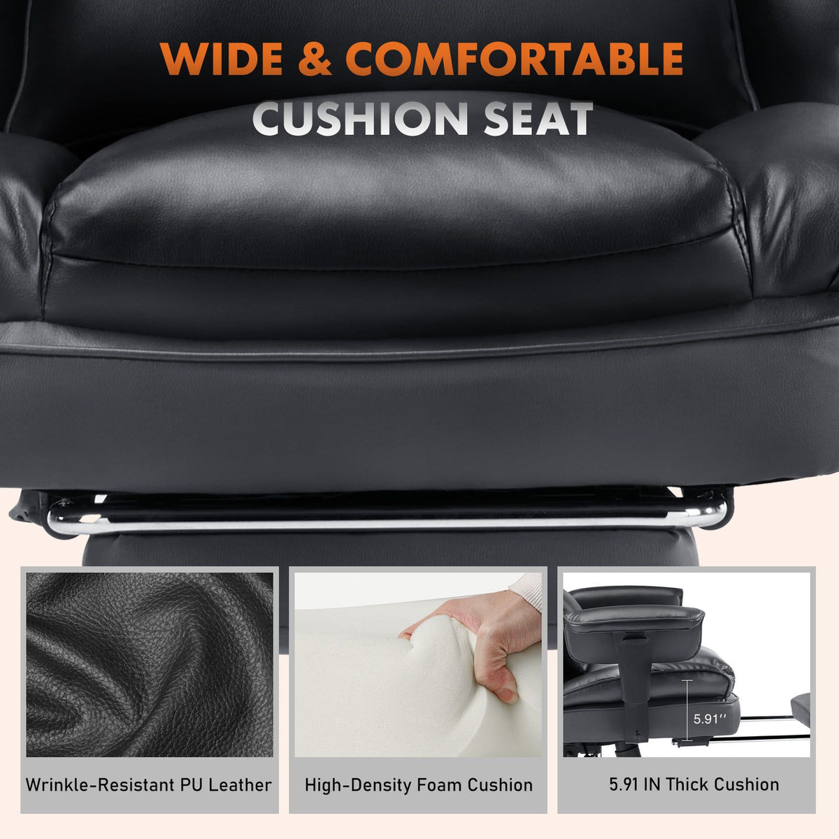 Executive Home Office Desk Chair Ergonomic High Back with Footrest & Lumbar Support, Reclining Height Adjustable PU Leather with Swivel Wheels