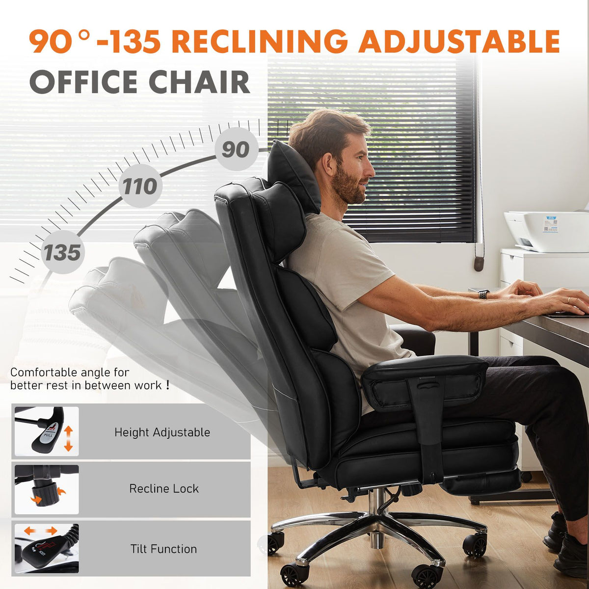 Executive Home Office Desk Chair Ergonomic High Back with Footrest & Lumbar Support, Reclining Height Adjustable PU Leather with Swivel Wheels