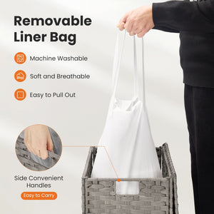 Laundry Basket with Lid, 110 L Hand-Woven Pp Rattan Laundry Basket with Compartments & Handles, Foldable, Removable Liner