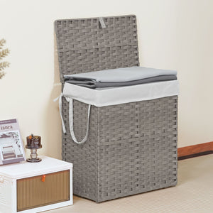 Laundry Basket with Lid, 110 L Hand-Woven Pp Rattan Laundry Basket with Compartments & Handles, Foldable, Removable Liner