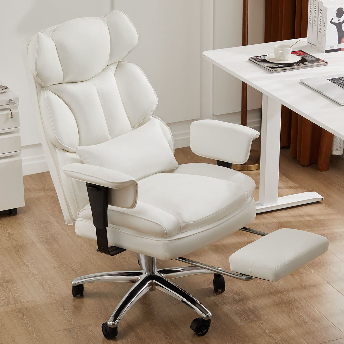 Executive Home Office Desk Chair Ergonomic High Back with Footrest & Lumbar Support, Reclining Height Adjustable PU Leather with Swivel Wheels