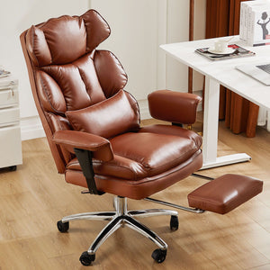 Executive Home Office Desk Chair Ergonomic High Back with Footrest & Lumbar Support, Reclining Height Adjustable PU Leather with Swivel Wheels