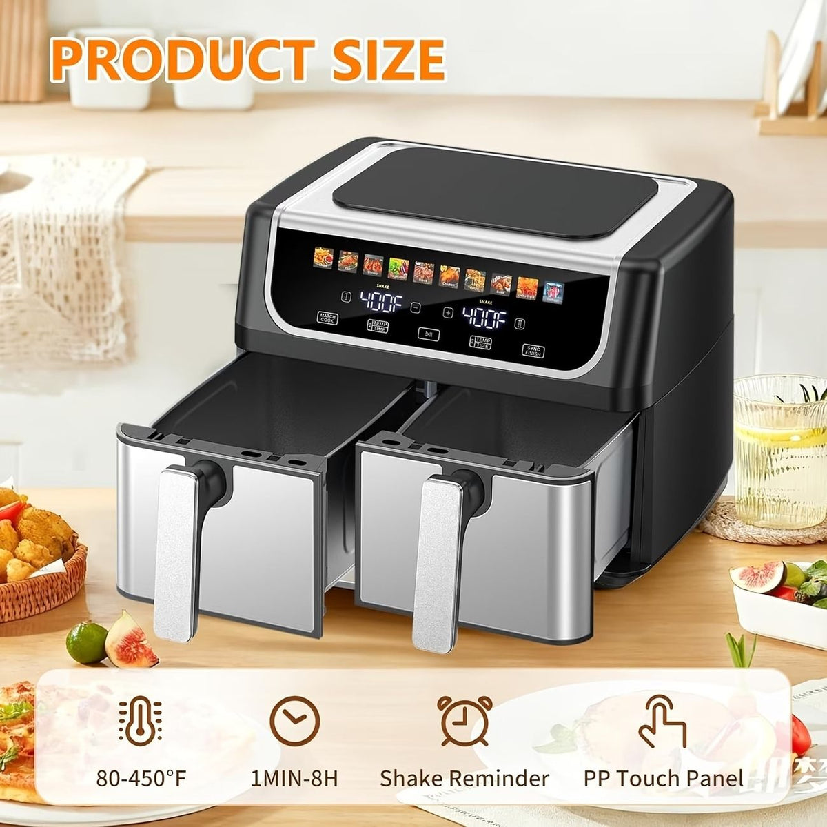 9.5 Quart Large Dual Basket Air Fryer with Double Basket, Independent Temp Control & Sync Mode, 10 Presets (Bake/Broil/Defrost/Dehydrate), Shake