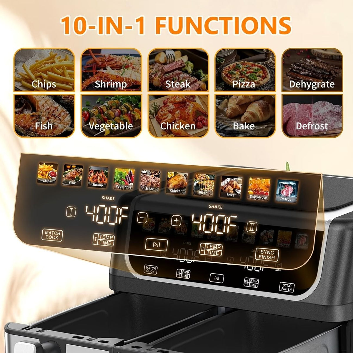 9.5 Quart Large Dual Basket Air Fryer with Double Basket, Independent Temp Control & Sync Mode, 10 Presets (Bake/Broil/Defrost/Dehydrate), Shake