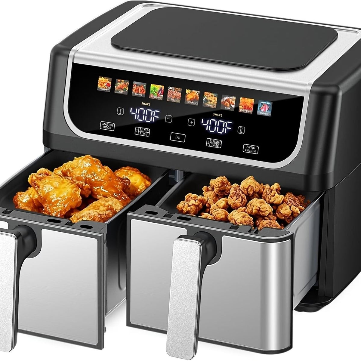 9.5 Quart Large Dual Basket Air Fryer with Double Basket, Independent Temp Control & Sync Mode, 10 Presets (Bake/Broil/Defrost/Dehydrate), Shake