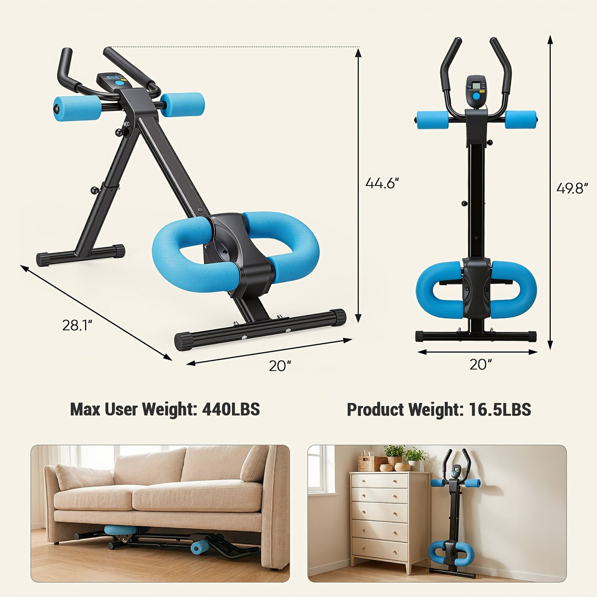 Adjustable Ab Machine for Stomach Workout, Core Workout Equipment for Home Gym, Ab Trainer with 2 Incline & 5 Height Levels, Knee & Elbow Protect