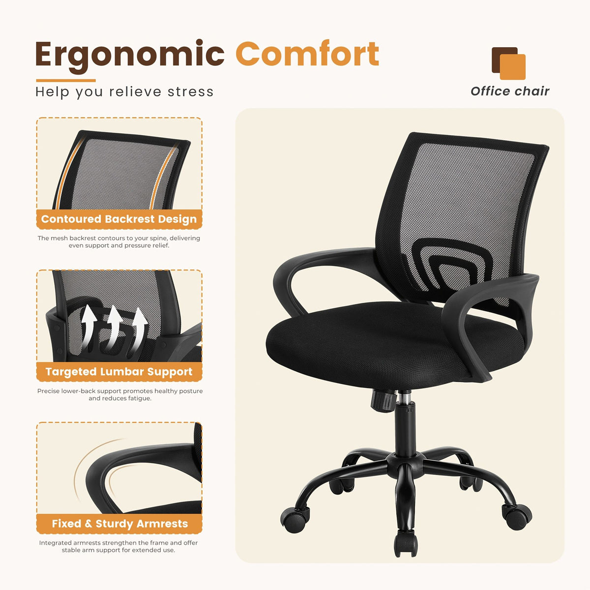Ergonomic Office Desk Gaming Chair Mid Back with Lumbar Support Rocking Mode Height Adjustable with Fixed Armrest For Office