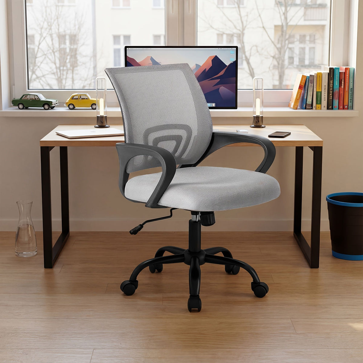 Ergonomic Office Desk Gaming Chair Mid Back with Lumbar Support Rocking Mode Height Adjustable with Fixed Armrest For Office