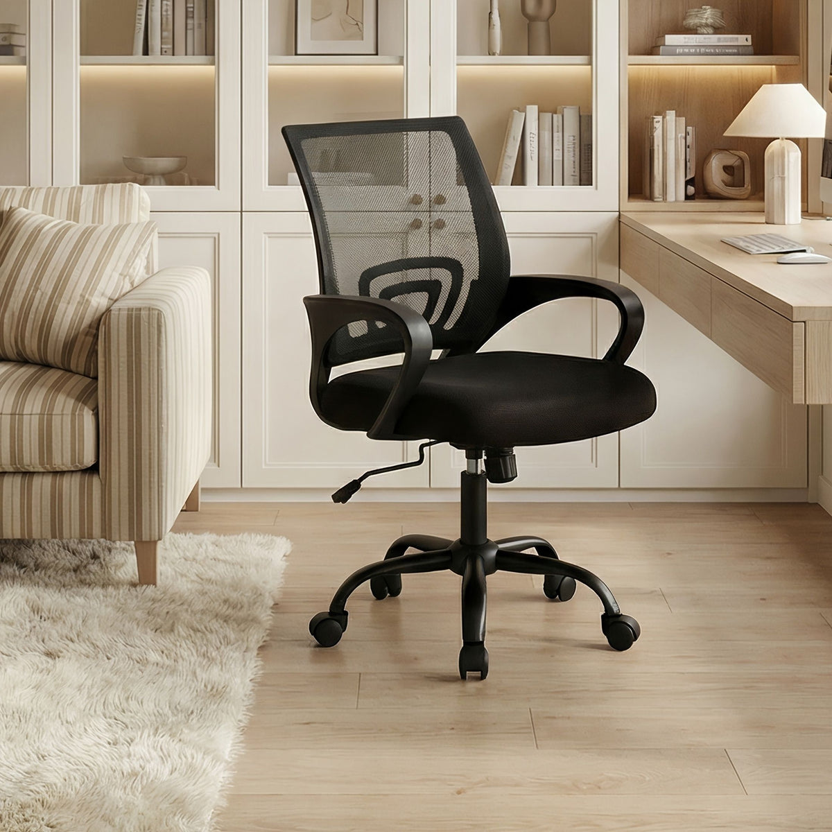 Ergonomic Office Desk Gaming Chair Mid Back with Lumbar Support Rocking Mode Height Adjustable with Fixed Armrest For Office