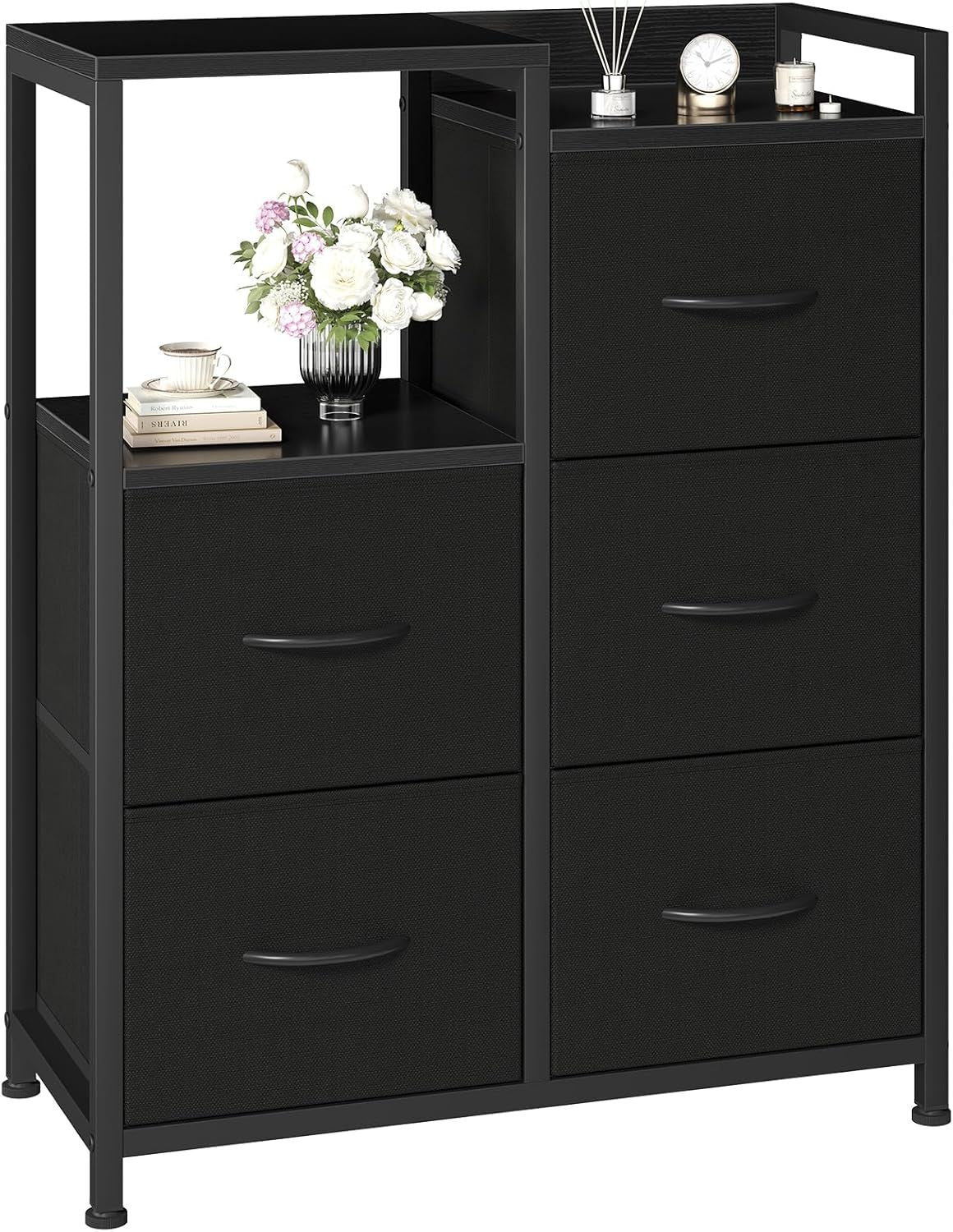 5 Drawer White Dressers for Bedroom 2 Tier Shelf Shelf Small Fabric Dresser for Closet Sturdy Metal Frame Modern Style Storage Cabinets Organizat