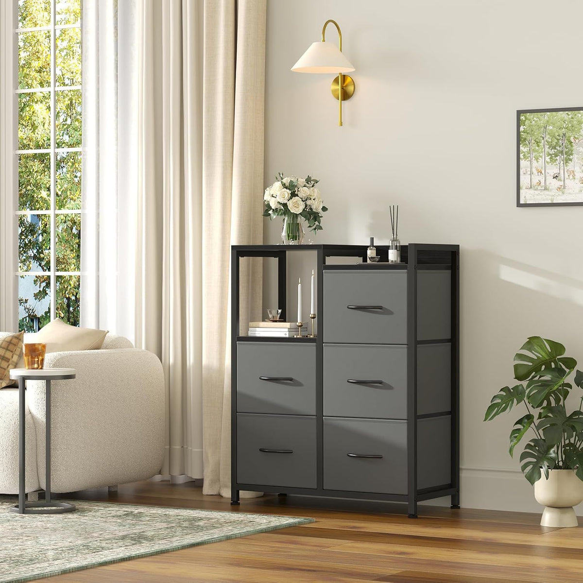 5 Drawer White Dressers for Bedroom 2 Tier Shelf Shelf Small Fabric Dresser for Closet Sturdy Metal Frame Modern Style Storage Cabinets Organizat