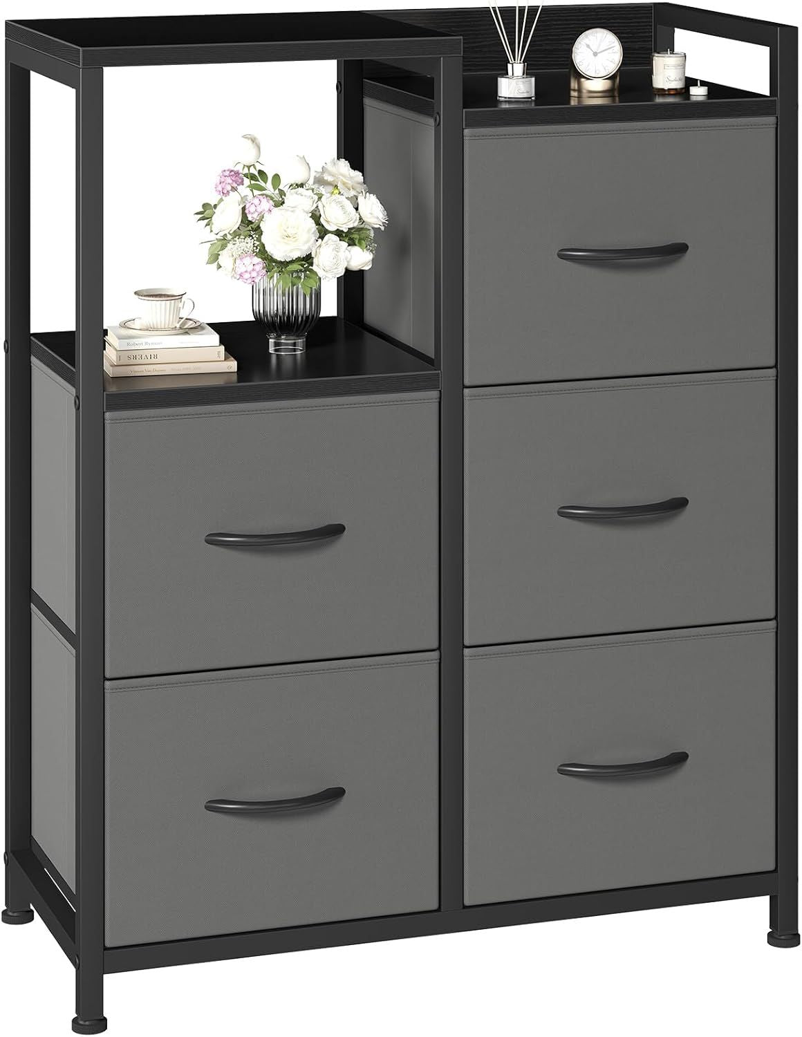 5 Drawer White Dressers for Bedroom 2 Tier Shelf Shelf Small Fabric Dresser for Closet Sturdy Metal Frame Modern Style Storage Cabinets Organizat