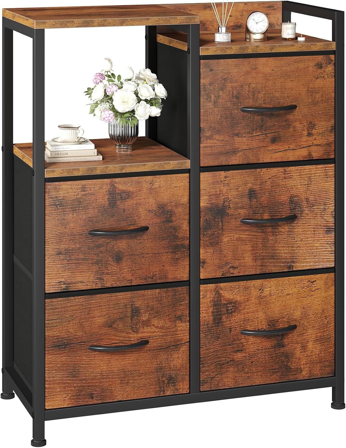 5 Drawer White Dressers for Bedroom 2 Tier Shelf Shelf Small Fabric Dresser for Closet Sturdy Metal Frame Modern Style Storage Cabinets Organizat