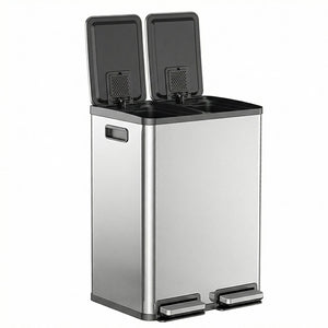 Trash Can with Lid - Large 60 Liter Stainless Steel Trash Can, Dual Compartment Plastic Inner Bucket (2 x 8 Gallon), Sealed Trash Can