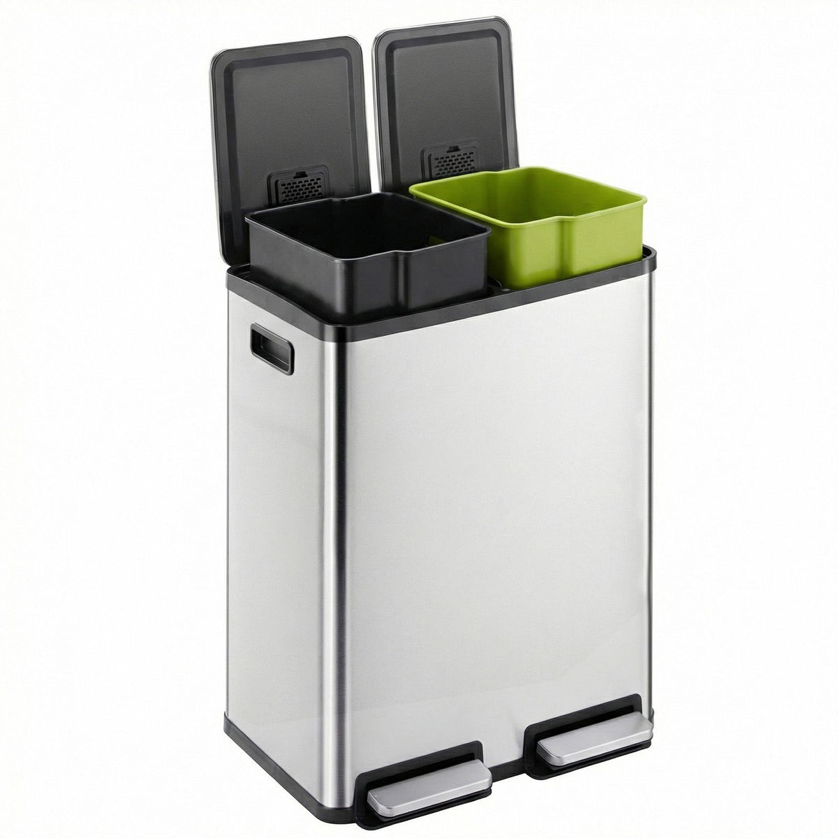 Trash Can with Lid - Large 60 Liter Stainless Steel Trash Can, Dual Compartment Plastic Inner Bucket (2 x 8 Gallon), Sealed Trash Can