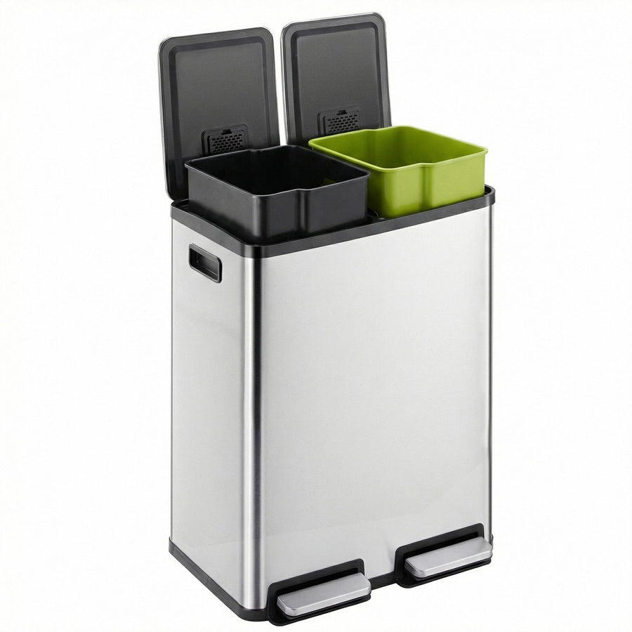 Trash Can with Lid - Large 60 Liter Stainless Steel Trash Can, Dual Compartment Plastic Inner Bucket (2 x 8 Gallon), Sealed Trash Can