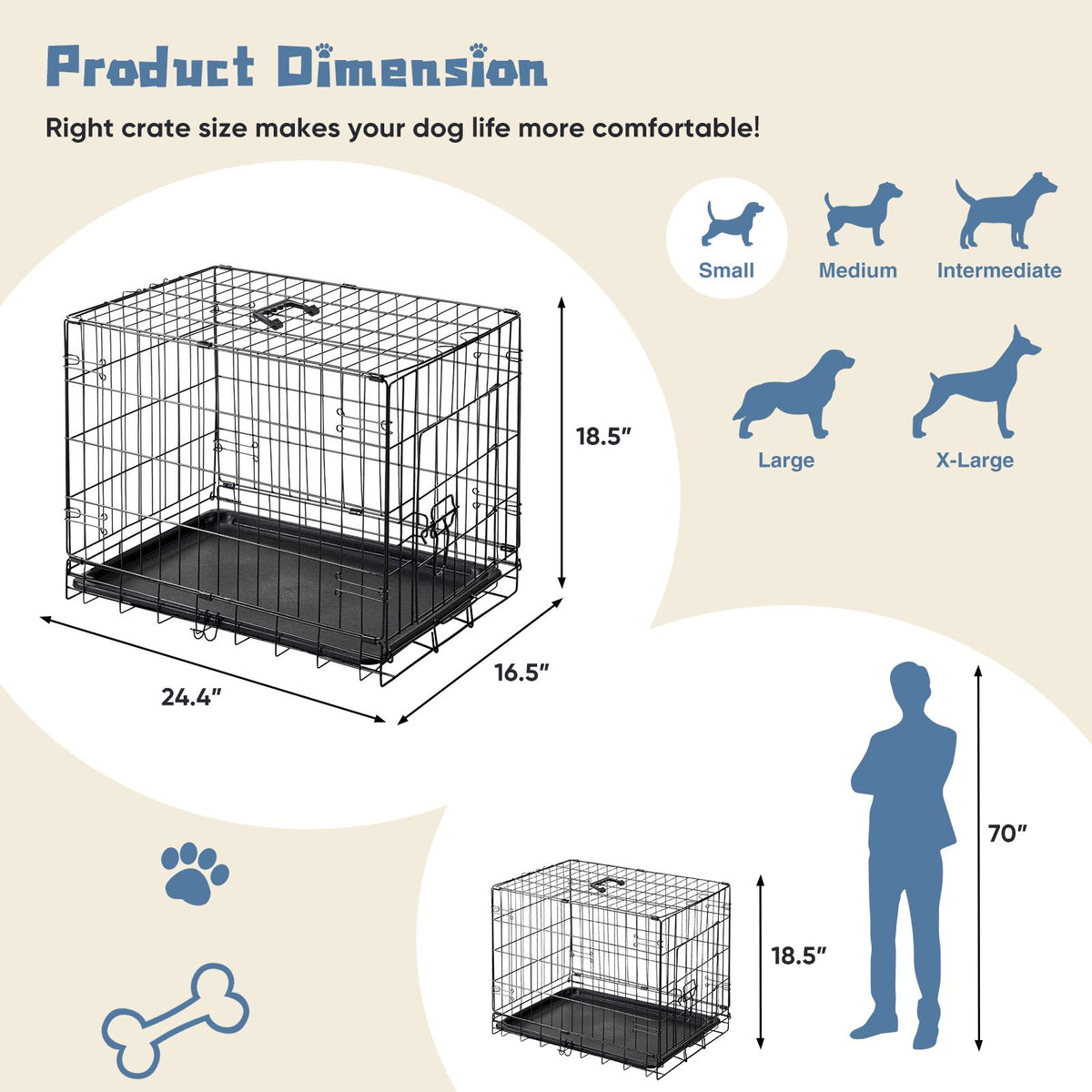 24 inch Single door Dog Cage - durable metal pet kennel, secure lock, collapsible design, removable tray for easy cleaning, portable puppy cage