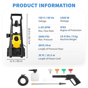 Electric Power Washer, 2000 PSI, Max 1.65 GPM Pressure Washer with 30 ft Hose & Reel, 5 Quick Connect Nozzles, Foam Cannon, Portable to Clean Pat