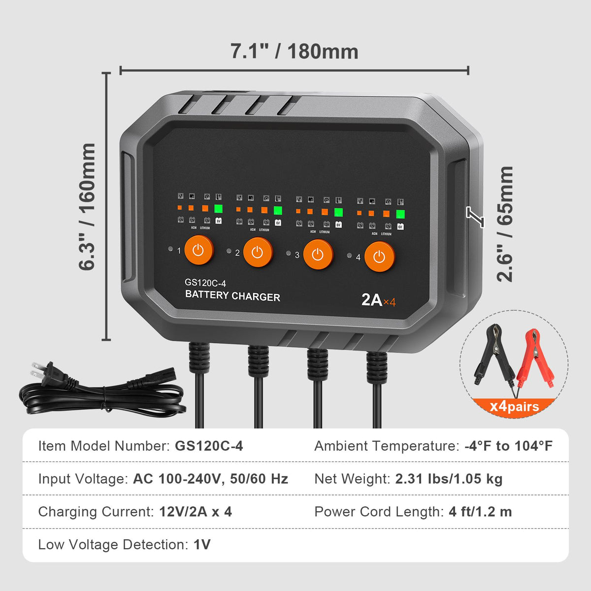 Smart Battery Charger, 8-Amp, LiFePO4 Lead-Acid (AGM / Gel / SLA) Car Battery Charger, Fully-Automatic Charger Maintainer for Boat Motorcycle Law