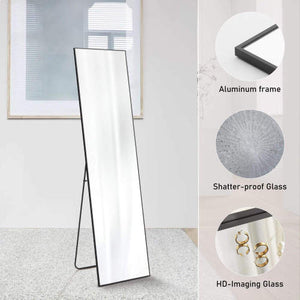 64"x21" Full Body Wall Mirror Standing Hanging or Leaning Wall-Mounted Mirrors with Stand Aluminum Alloy Frame Living Room