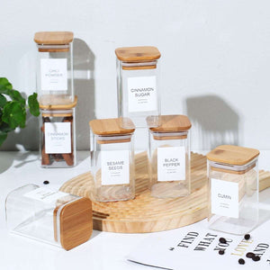 18 PCS Square Glass Spice Jars with Bamboo Lids, 240ml Seasoning Containers