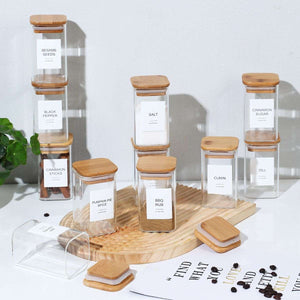 18 PCS Square Glass Spice Jars with Bamboo Lids, 240ml Seasoning Containers