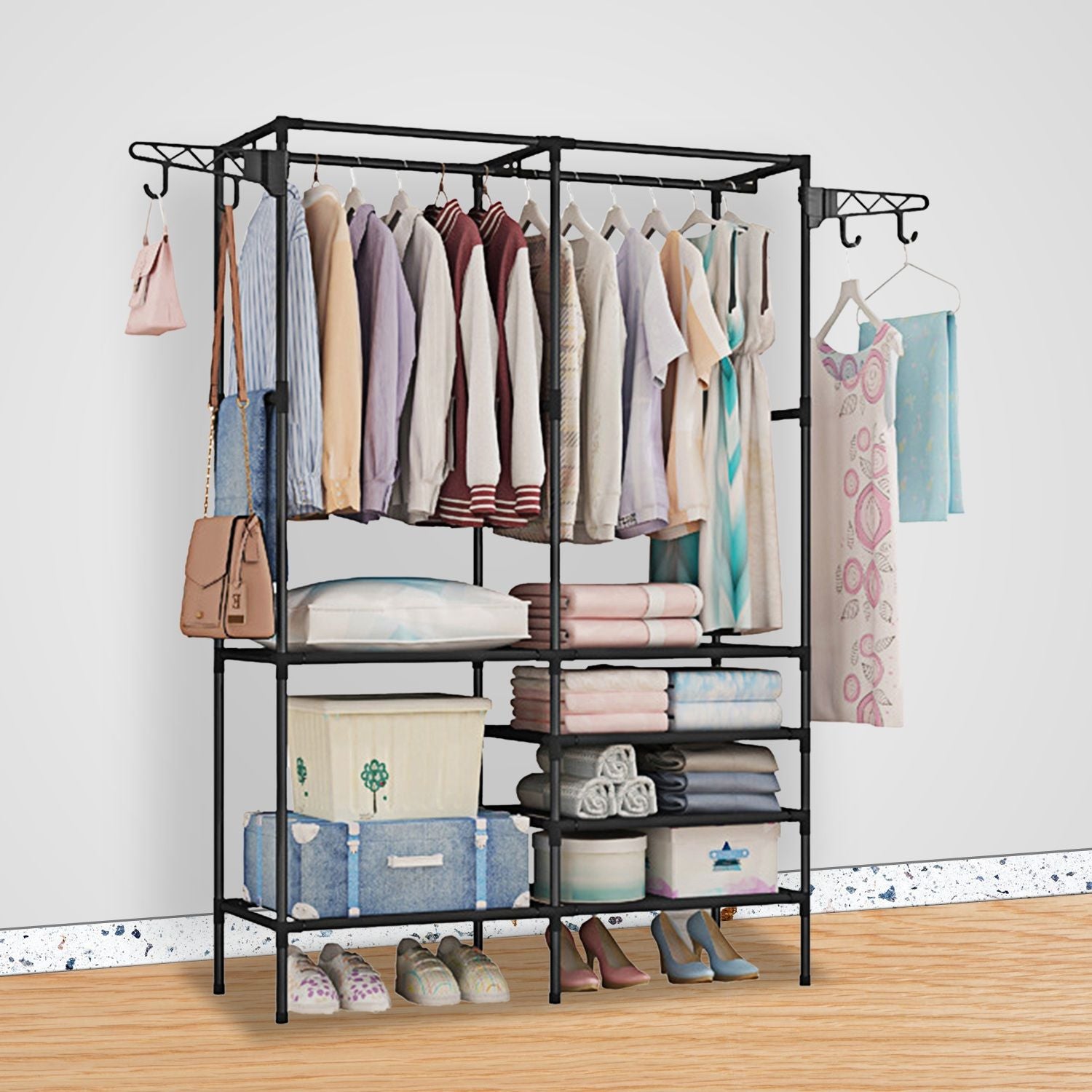 Metal Garment Rack with Shelves – Freestanding Clothes & Shoe Organizer