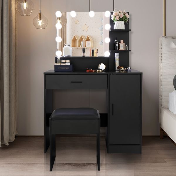 Large Vanity Set with LED Bulbs and Storage (Black)