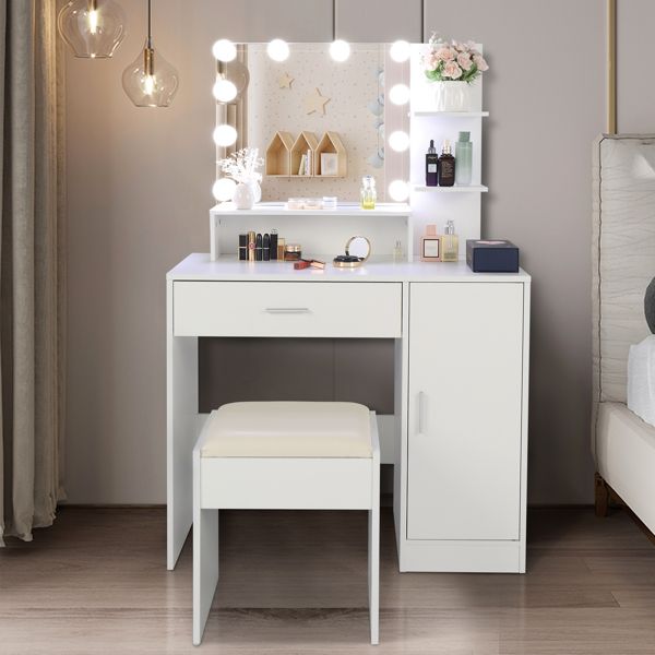 Large Vanity Set with LED Bulbs and Storage (White)