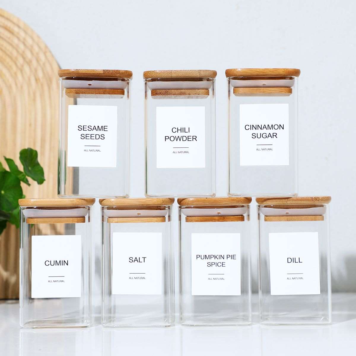 18 PCS Square Glass Spice Jars with Bamboo Lids, 240ml Seasoning Containers