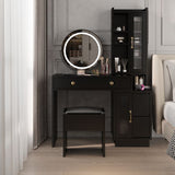 Modern Makeup Vanity Table with LED Mirror, Side Cabinet, and Power Outlets