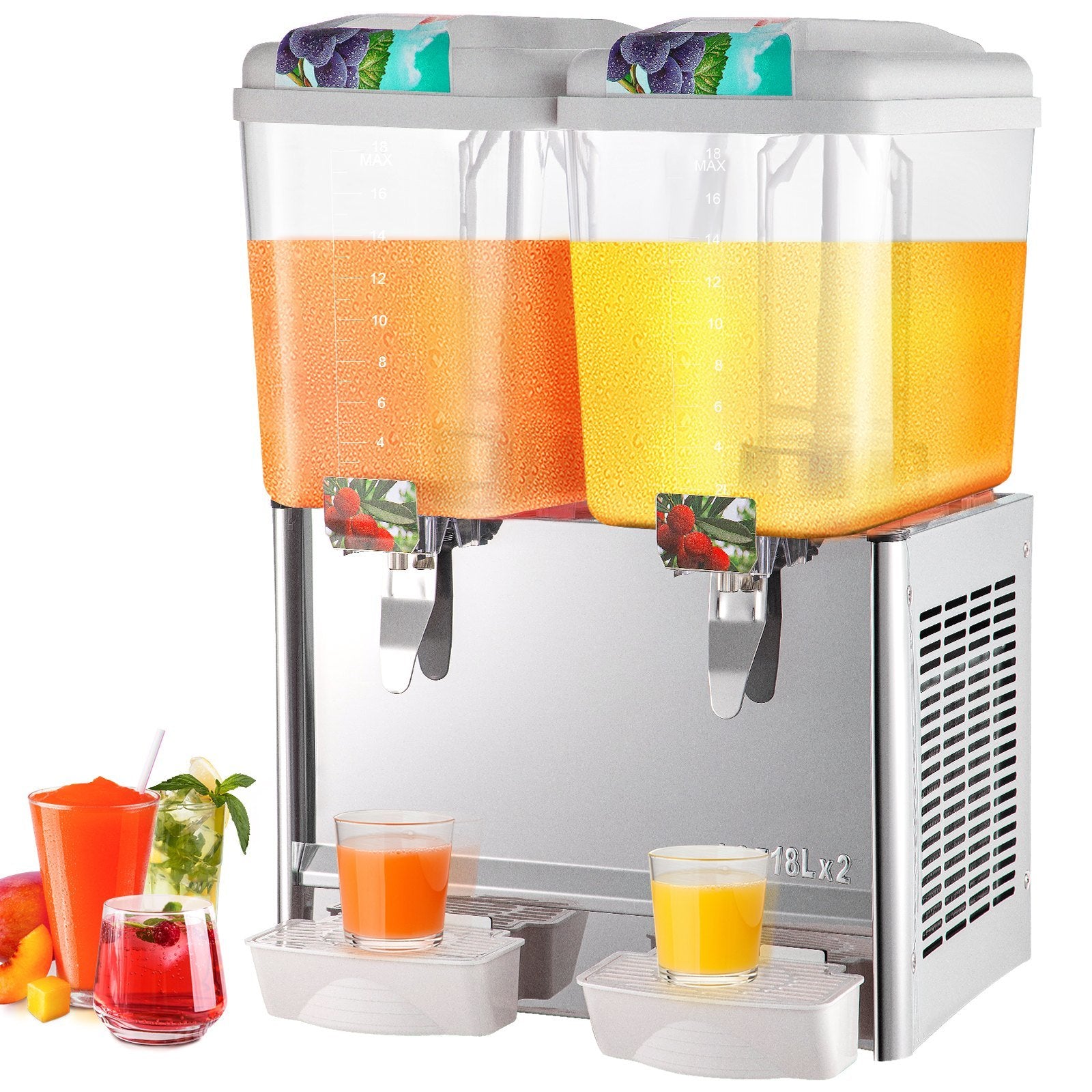 110V Commercial Beverage Dispenser - 9.5 Gallon (36L) 2-Tank Juice Dispenser, 18L Per Tank, 300W Stainless Steel