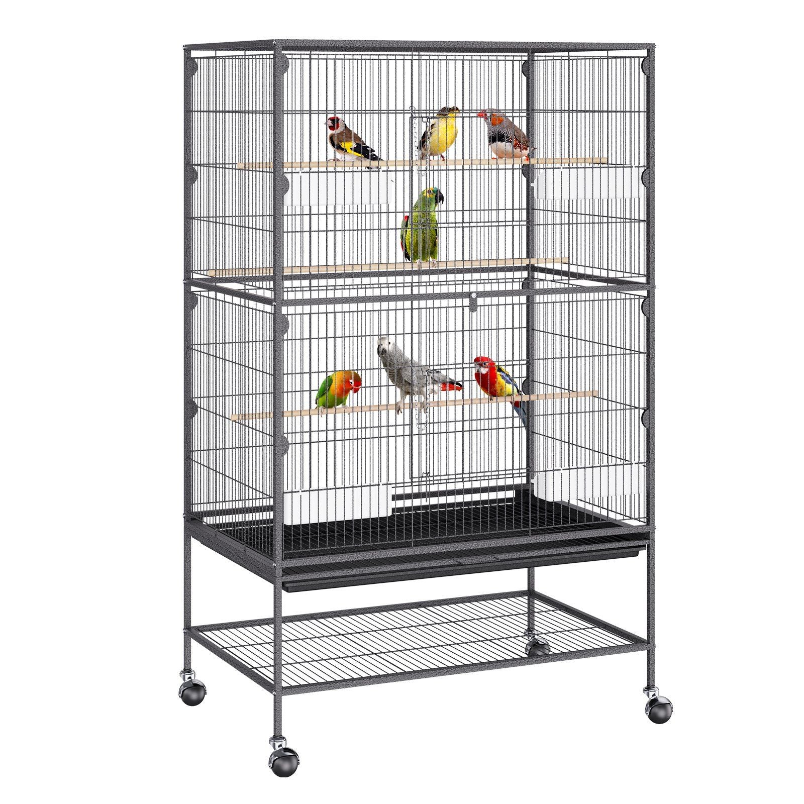 52" Large Standing Bird Cage - Wrought Iron Flight Cage with Rolling Stand & Tray for Parakeets, Cockatiels, Parrots, and Macaws