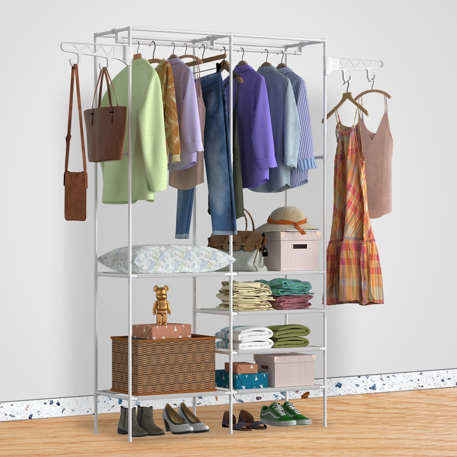 Metal Garment Rack with Shelves – Freestanding Clothes & Shoe Organizer