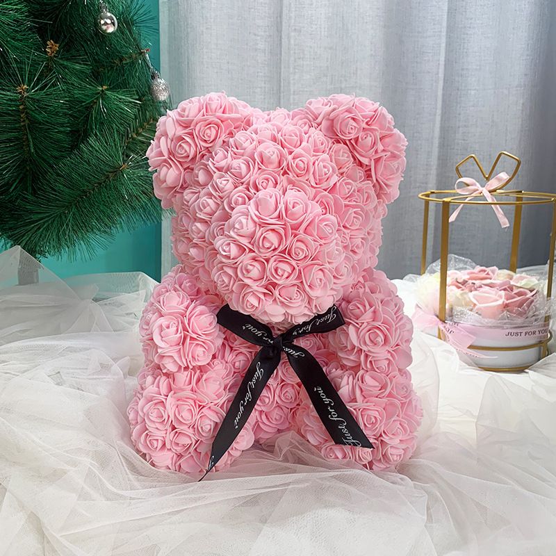 Rose Flower Bear for Valentines Day with Clear Gift Box 10 Inch